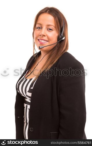 Happy large woman working as a telephone operator