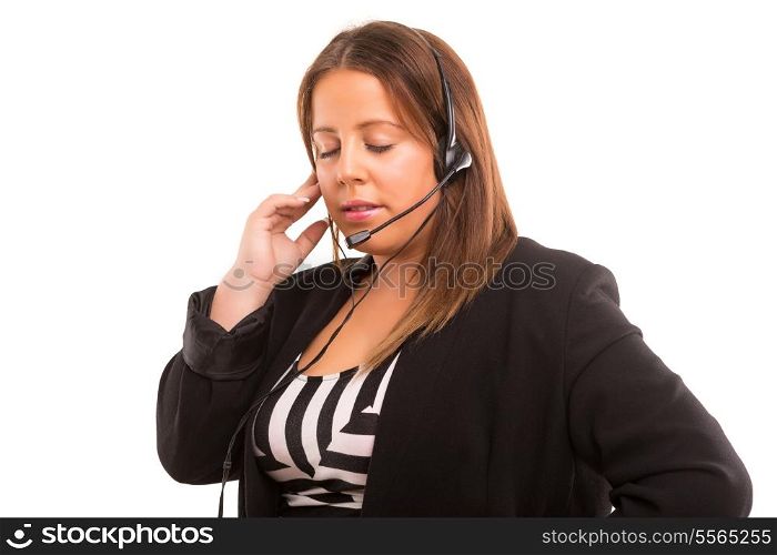 Happy large woman working as a telephone operator