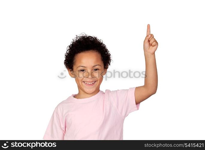 Happy latin child asking to speak isolated on white background
