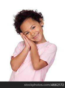 Happy latin child making the gesture of sleep isolated on white background