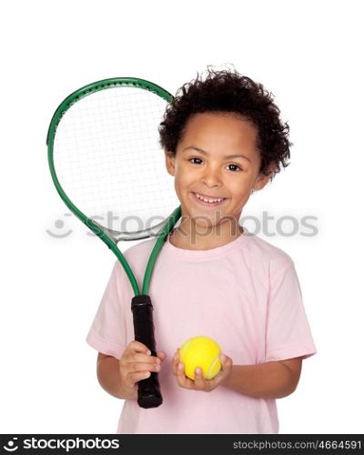 Happy latin child with a tennis racket isolated on white background