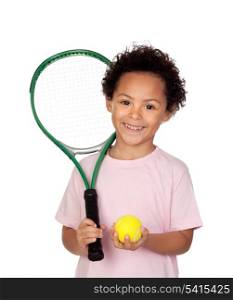 Happy latin child with a tennis racket isolated on white background
