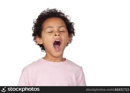 Happy latin child yawning isolated on white background