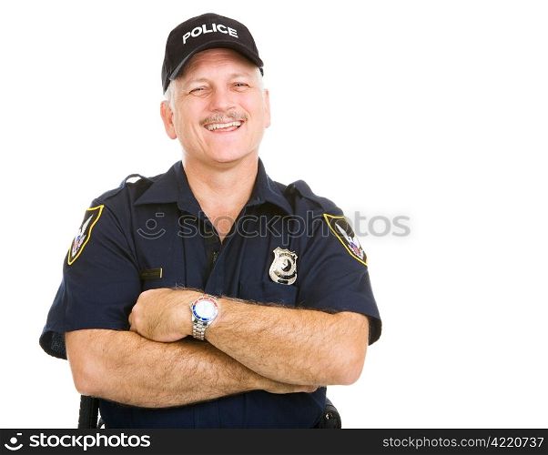 Happy, laughing police officer. Isolated on white.