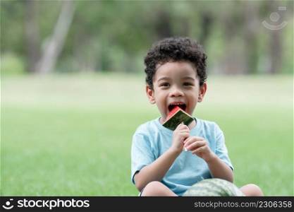 Happy little African American kid boy picnic eating a piece of watermelon and sitting in the park in summer. Green trees background