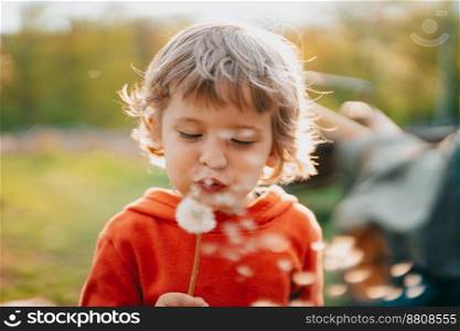 Happy little boy blowing on dandelion in park. 3 years old child making wishes, joy, childhood concept. High quality photo. Happy little boy blowing on dandelion in park. 3 years old child making wishes, joy, childhood concept