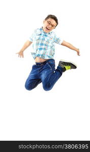 happy little boy jumping on withe background