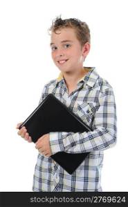 Happy little boy with laptop. Isolated on white background