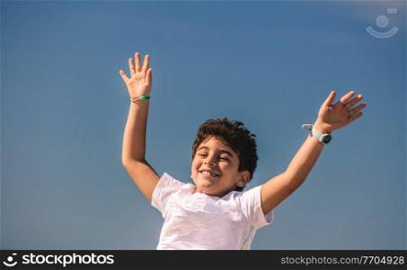 Happy Little Boy With Raised up Hands Having Fun Outdoors. Nice Child with Joy Spending Holidays in Summer Camp. Happiness and Freedom Concept.. Baby Boy Outdoors