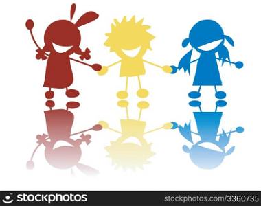 Happy little children holding hands in colors, stilized silhouettes