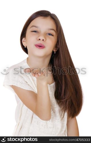 Happy little Girl Blowing a Kiss, isolated on white background