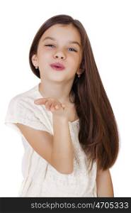 Happy little Girl Blowing a Kiss, isolated on white background