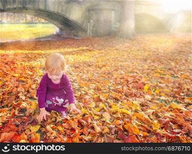 Happy little girl enjoying the fallen colorful leaves, stretching to grab them, under the warm autumn sun.