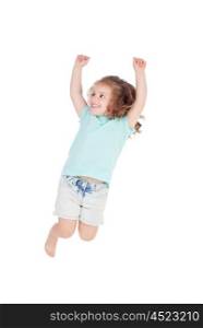 Happy little girl jumping isolated on a white background