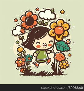 Happy little girl seeking colorfully flowers among at a traditional spring festival on a green background, vector cartoon illustration. Generative AI