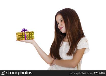 Happy little girl with gift box, studio on white background