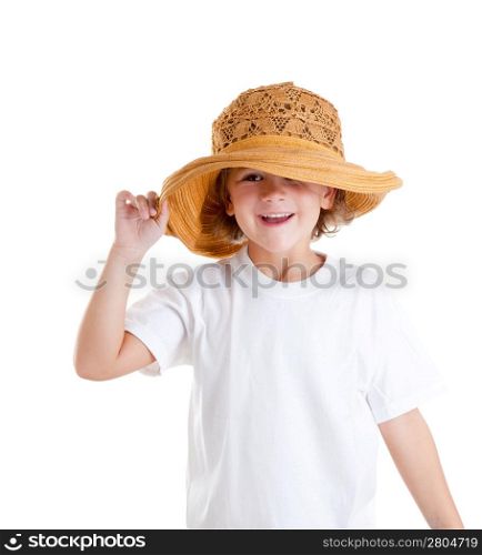happy little kid girl with summer hat isolated on white