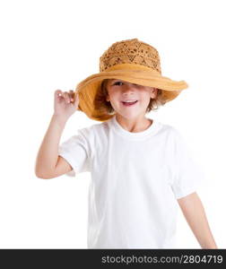 happy little kid girl with summer hat isolated on white