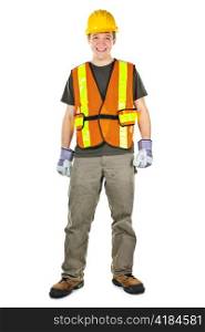 Happy male construction worker standing in safety vest and hard hat