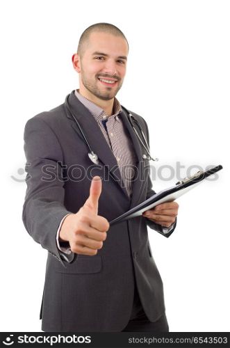 happy male doctor going thumb up, isolated on white background. doctor