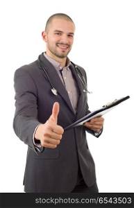 happy male doctor going thumb up, isolated on white background. doctor