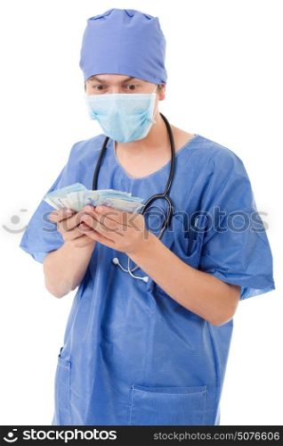 Happy male doctor holding bank notes, isolated