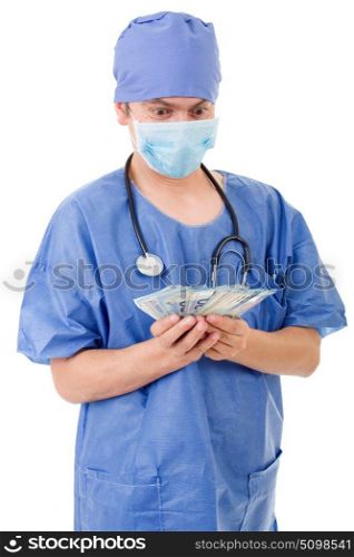 Happy male doctor holding money, isolated