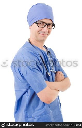 happy male doctor, isolated on white background