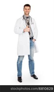 Happy male doctor showing thumb up isolated on a white background