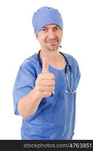 Happy male doctor showing thumbs up, isolated