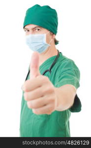 Happy male doctor showing thumbs up, isolated