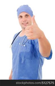 Happy male doctor showing thumbs up, isolated