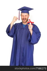 Happy Male Graduate In Cap and Gown with Diploma Isolated on White