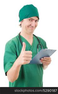 Happy male nurse showing thumbs up, isolated