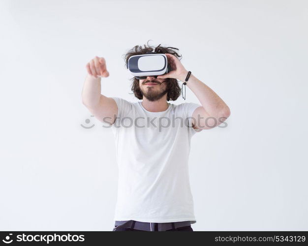 Happy man getting experience using VR headset glasses of virtual reality, isolated on white background