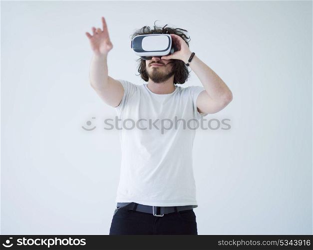 Happy man getting experience using VR headset glasses of virtual reality, isolated on white background