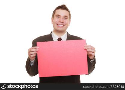 Happy man holding sign red blank copy space for text isolated on white background