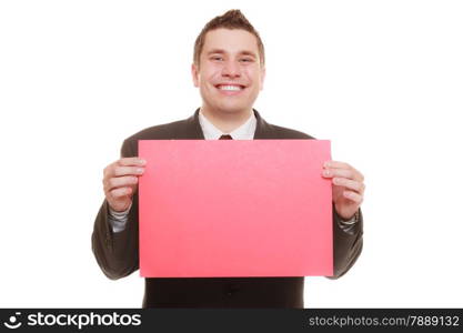 Happy man holding sign red blank copy space for text isolated on white background