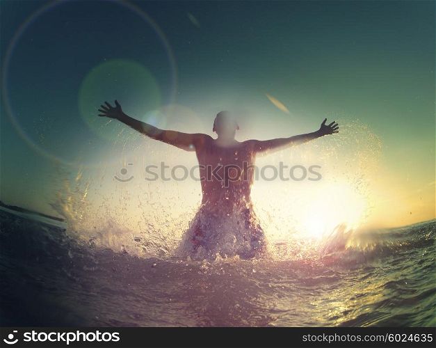 happy man in ocean