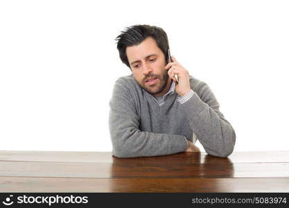 happy man on a desk on the phone, isolated