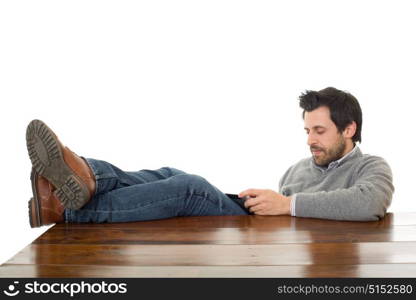 happy man on a desk with a tablet pc, isolated