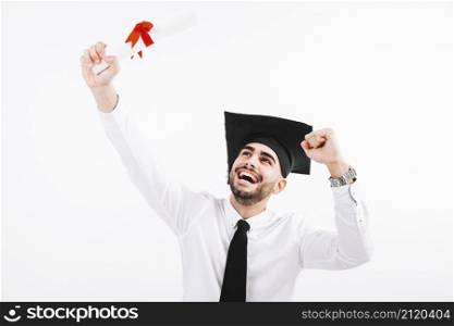 happy man with diploma academic cap