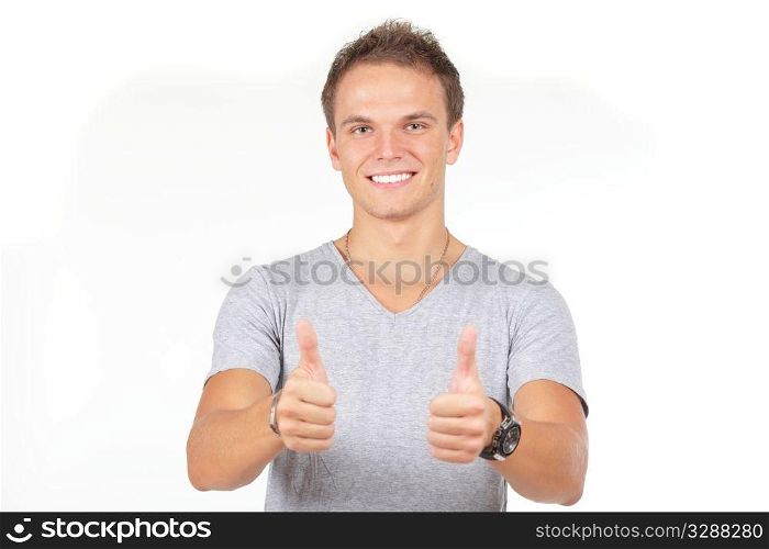 Happy man with thumbs up gesture, isolated on white