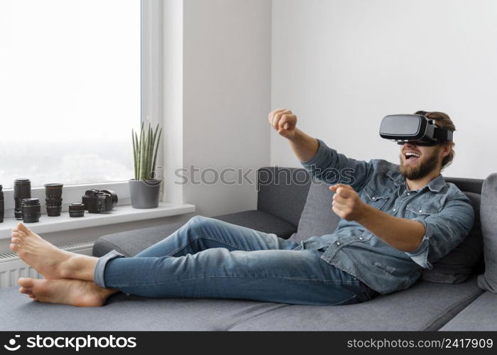 happy man with vr glasses full shot