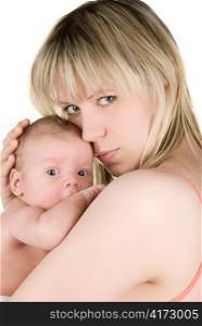 Happy maternity: mother with her baby boy isolated on a white