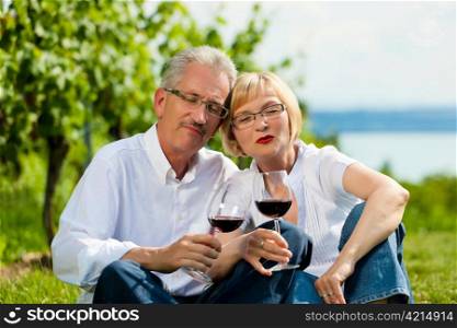 Happy mature couple - senior people (man and woman) already retired - drinking wine at lake in summer