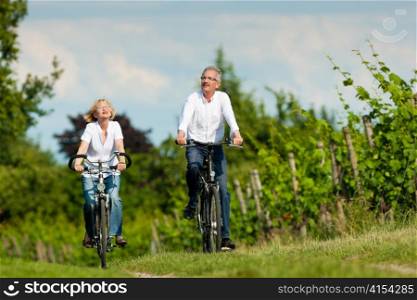 Happy mature couple - senior people, man and woman, already retired - cycling in summer in nature