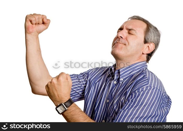 happy mature man with arms isolated on white