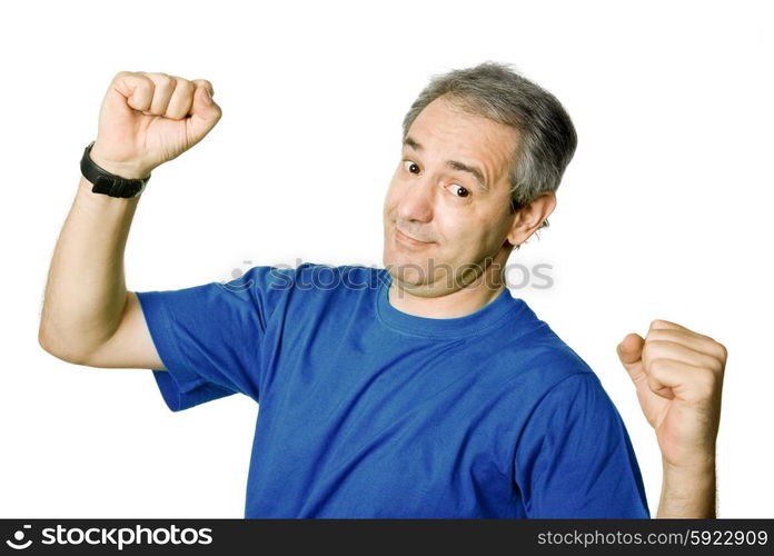 happy mature man with arms isolated on white