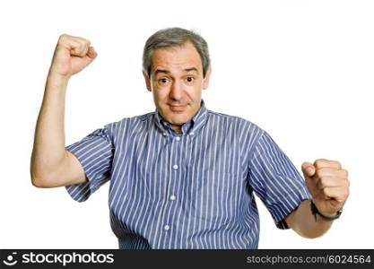 happy mature man with arms isolated on white